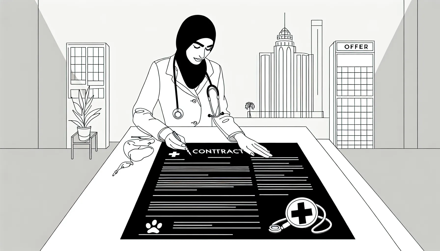 A veterinarian examining a contract with checklist and Louisiana outline of Louisiana Veterinary Contract Review.