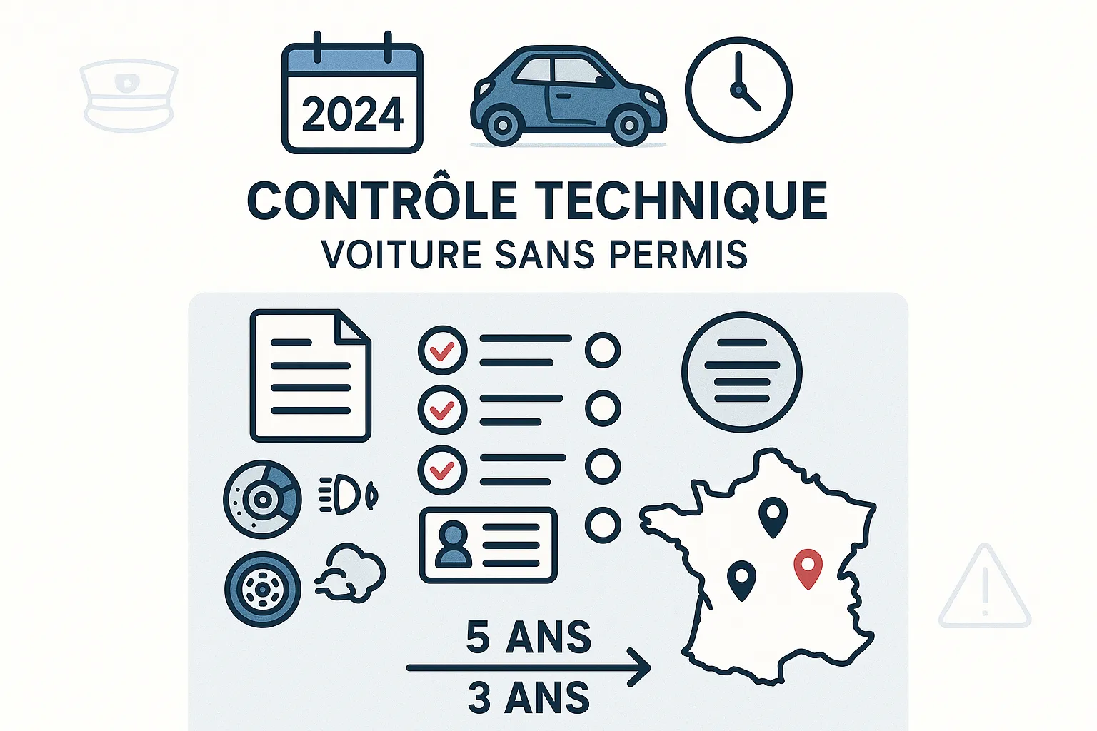 infographic of French vehicle inspection for permit-free cars process and schedule