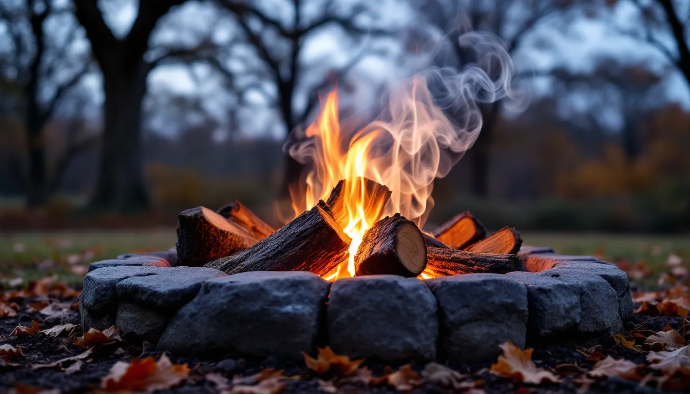 A campfire with clean flames on one side and thick smoke from damp wood on the other.