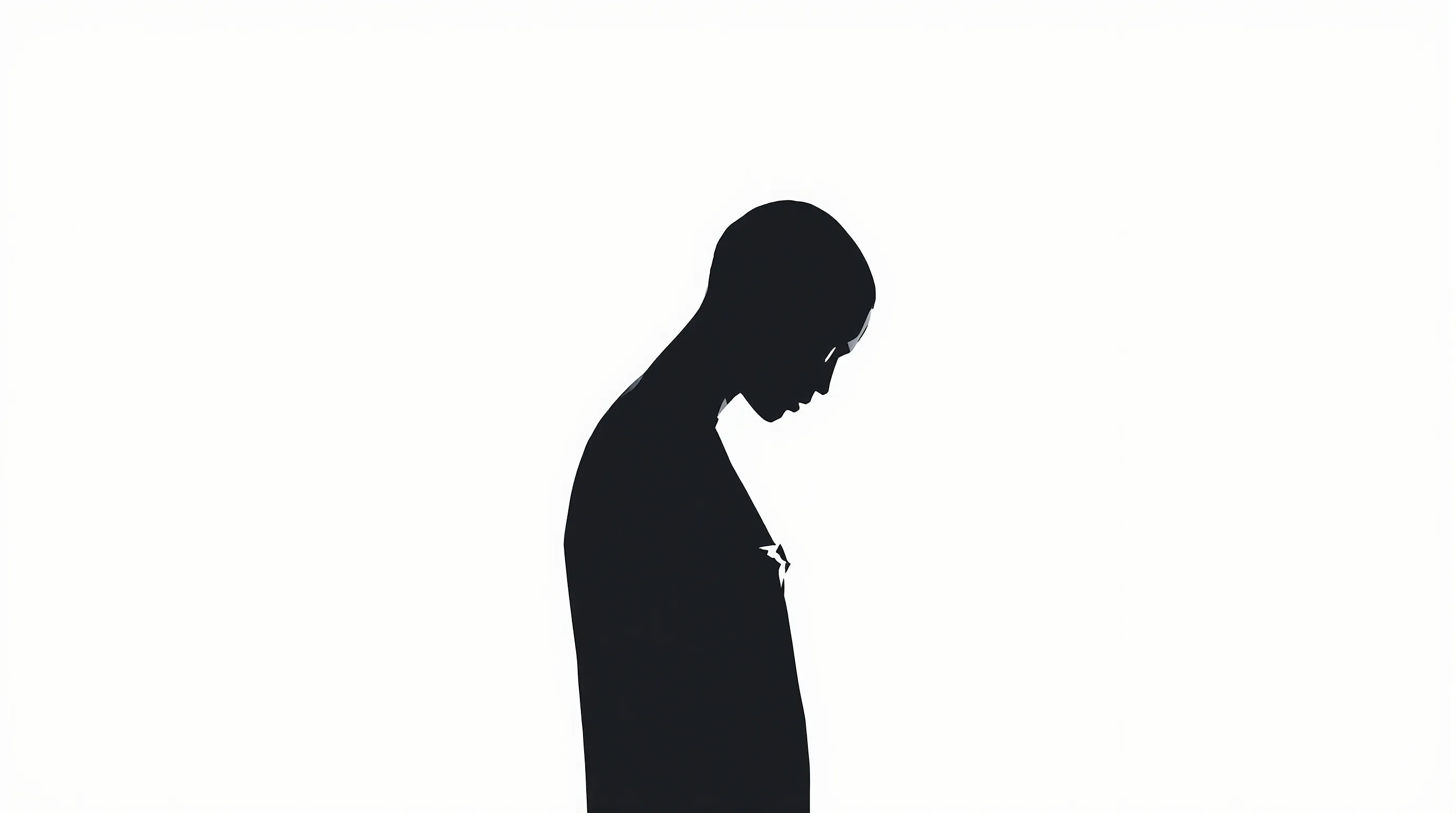 A minimalist grey silhouette standing alone, head lowered, on white background.