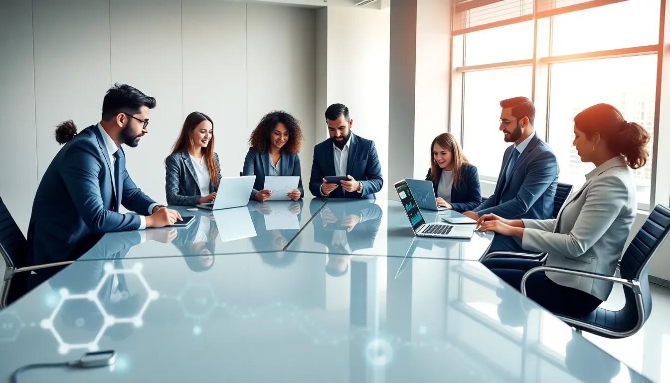 diverse team discussing technology in a modern office.