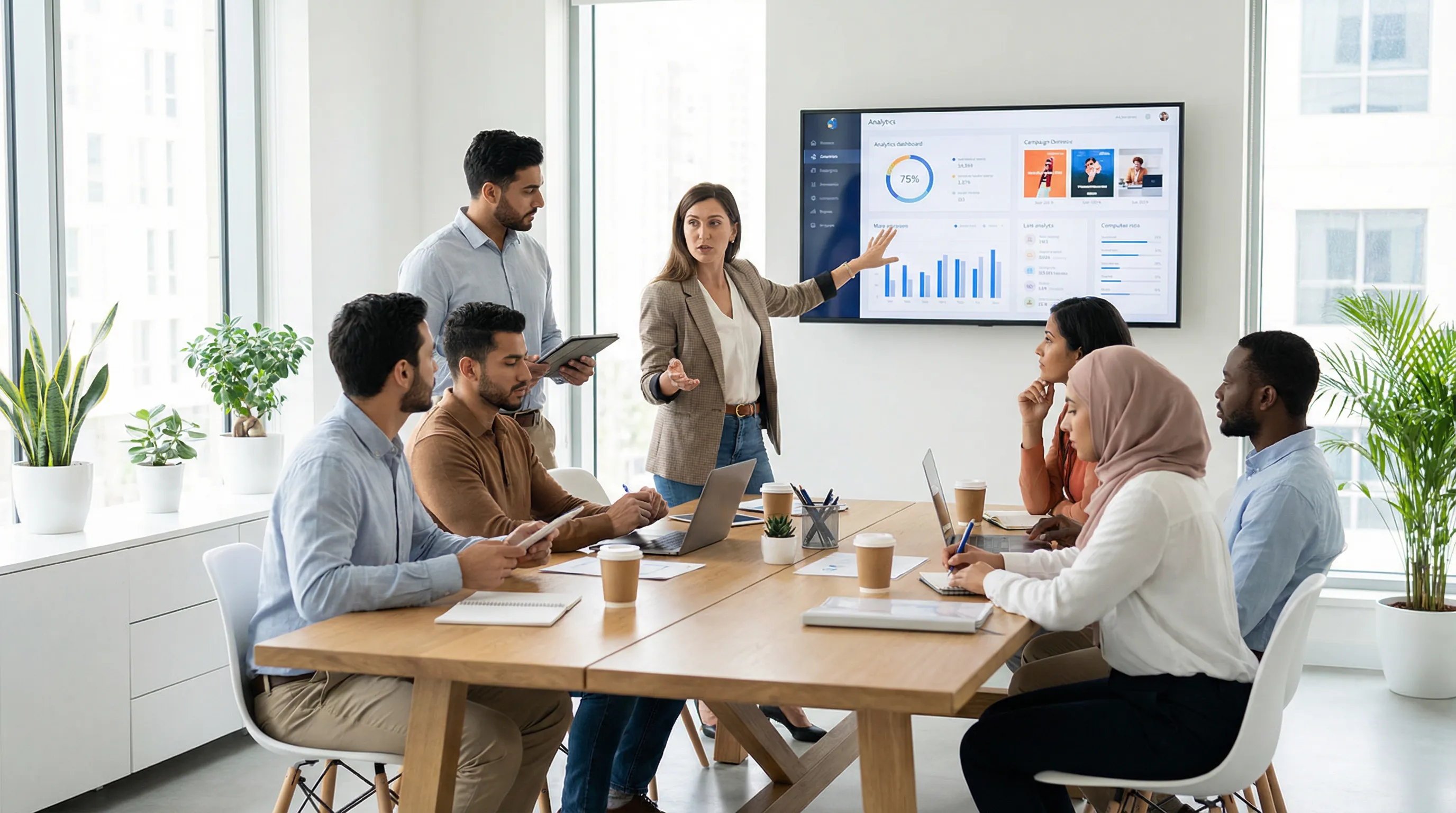 Modern office scene with a diverse digital marketing team collaborating around a table, reviewing analytics on laptops and a large screen in bright natural light.