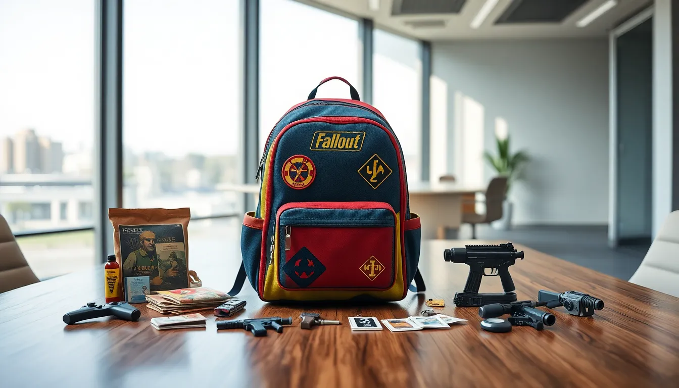 Fallout-themed backpack with survival items in a modern office.
