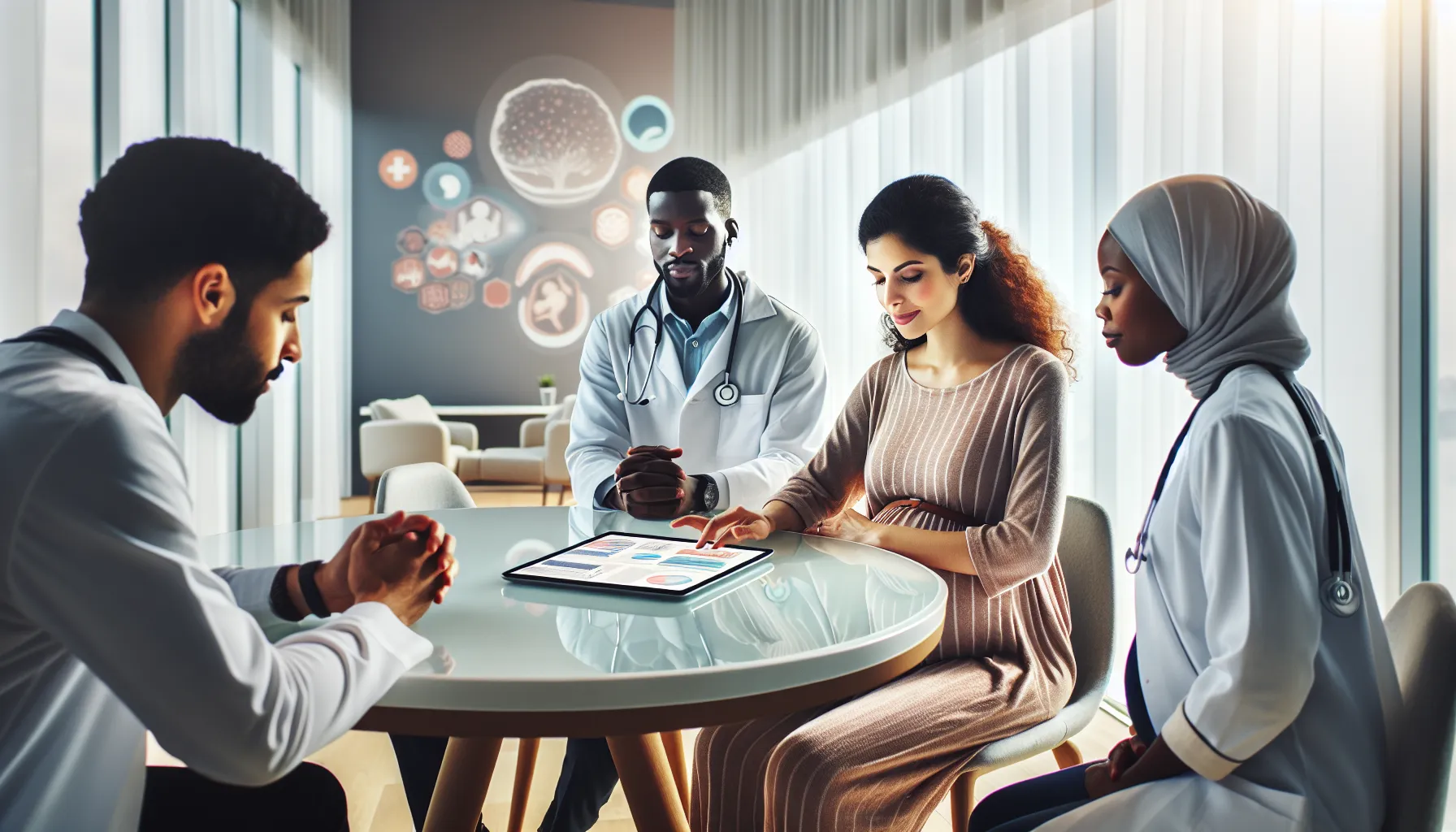 pregnant woman discussing health risks with healthcare professionals.