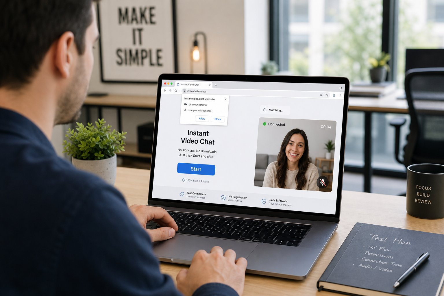 Professional testing instant video chat, approving camera and microphone permissions on laptop.