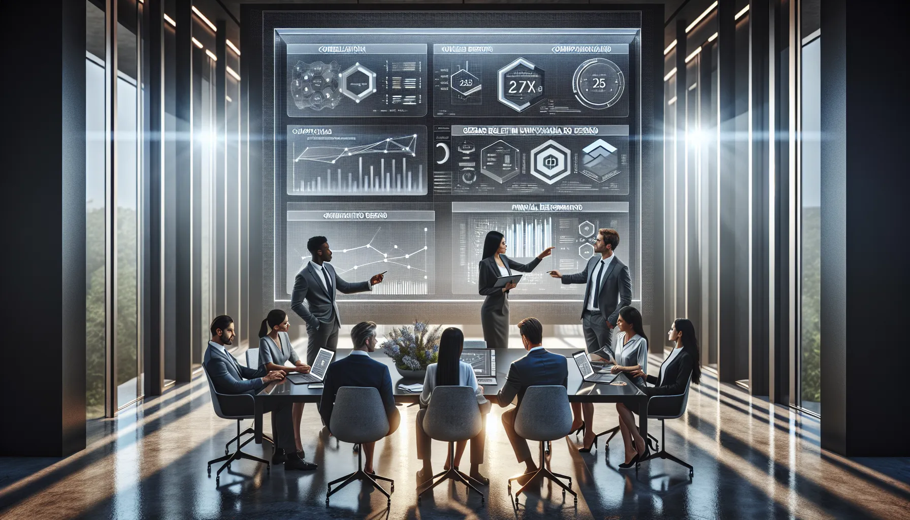 diverse team discussing data reports in a modern office.