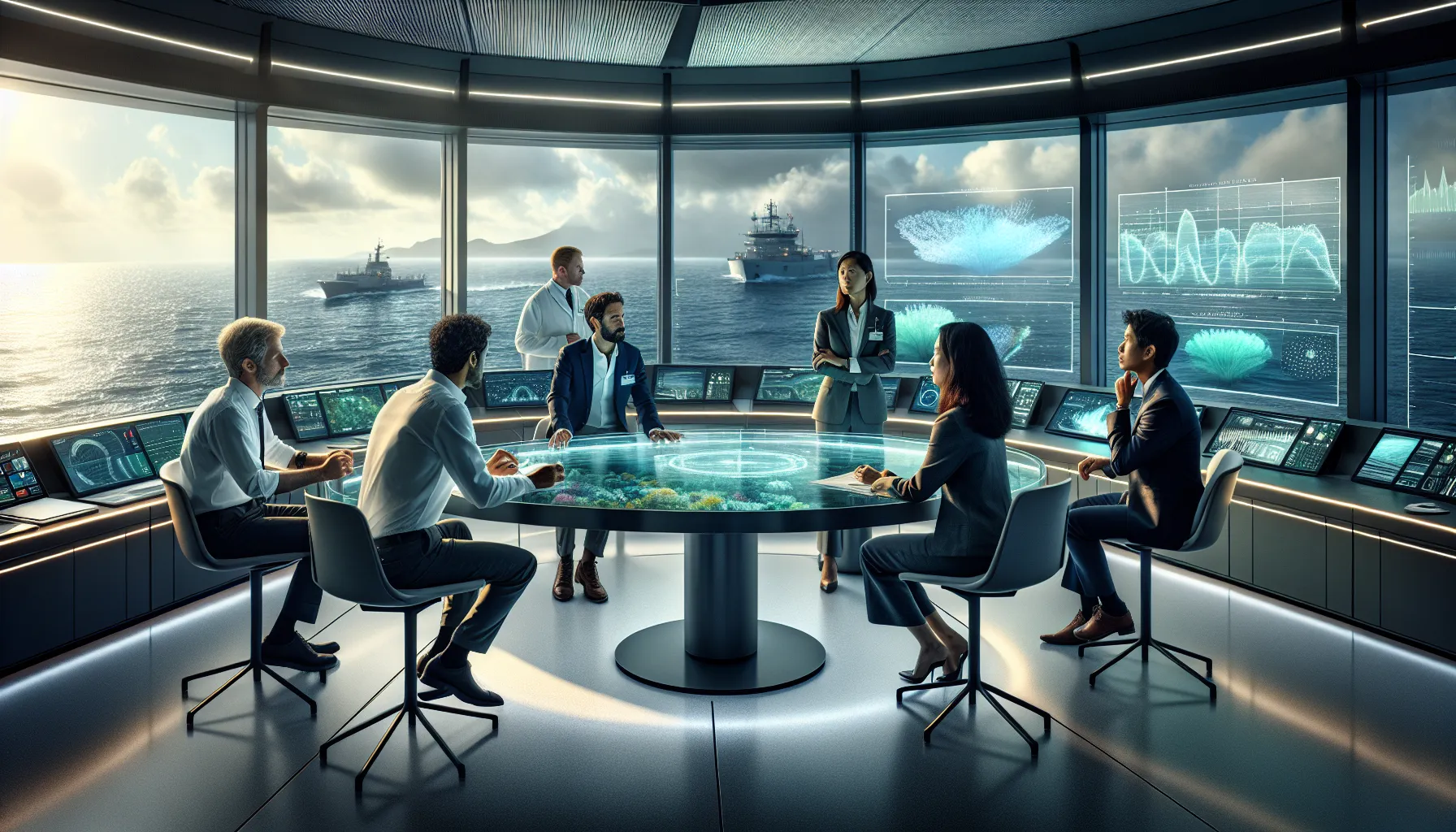 diverse team collaborating on maritime innovation in a modern setting.