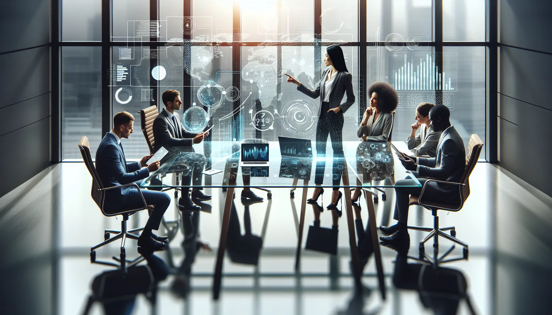 diverse team in a modern conference room discussing data and analytics.