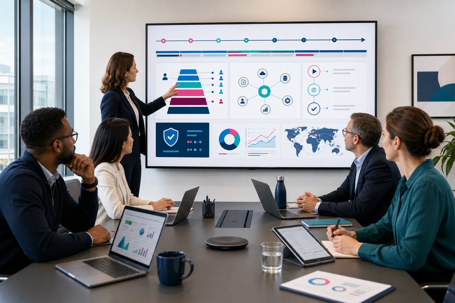 Team reviewing portal implementation plans in a modern office.