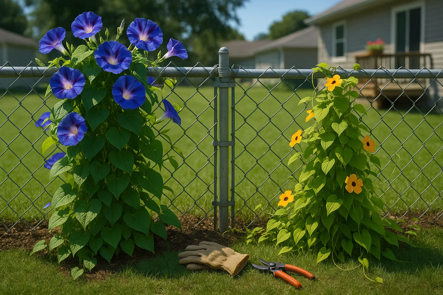 Chain-link fence half covered in blue morning glories and half by orange black-eyed Susans.