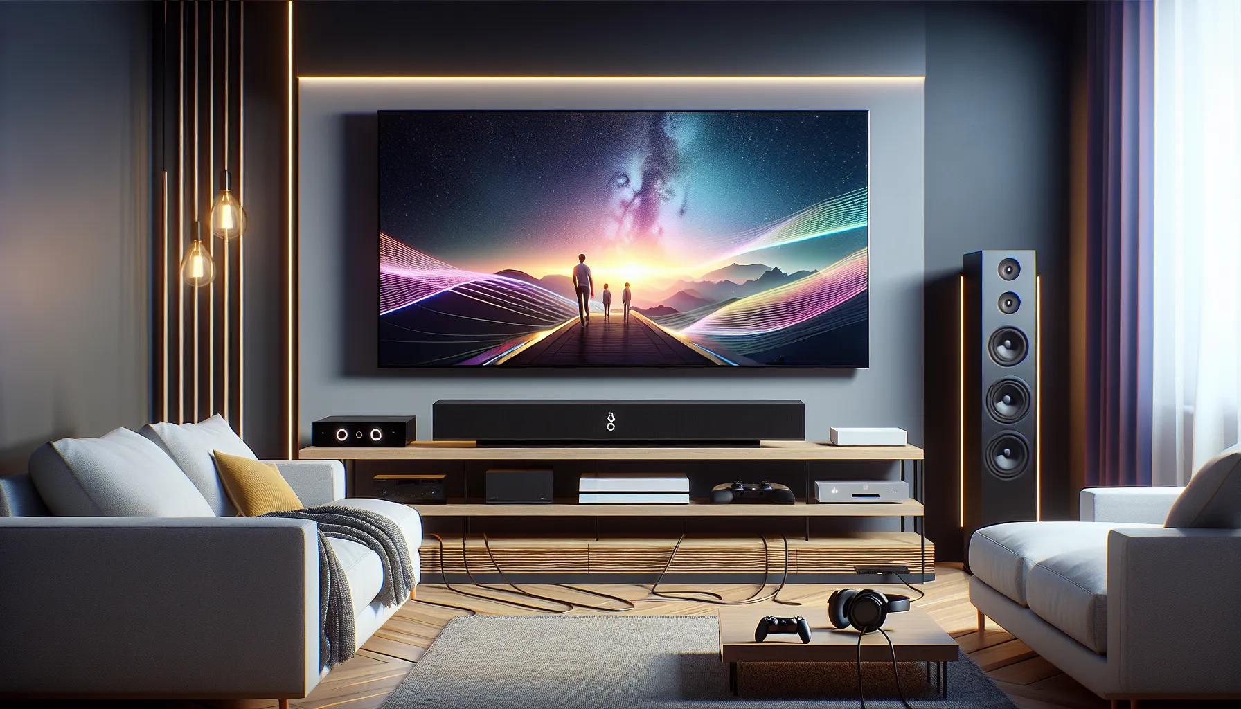 A modern living room setup featuring HDMI-connected devices for entertainment.