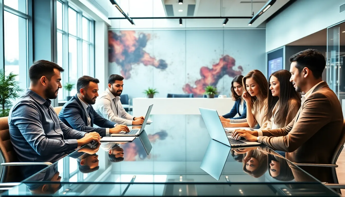 diverse professionals collaborating in a modern tech office.