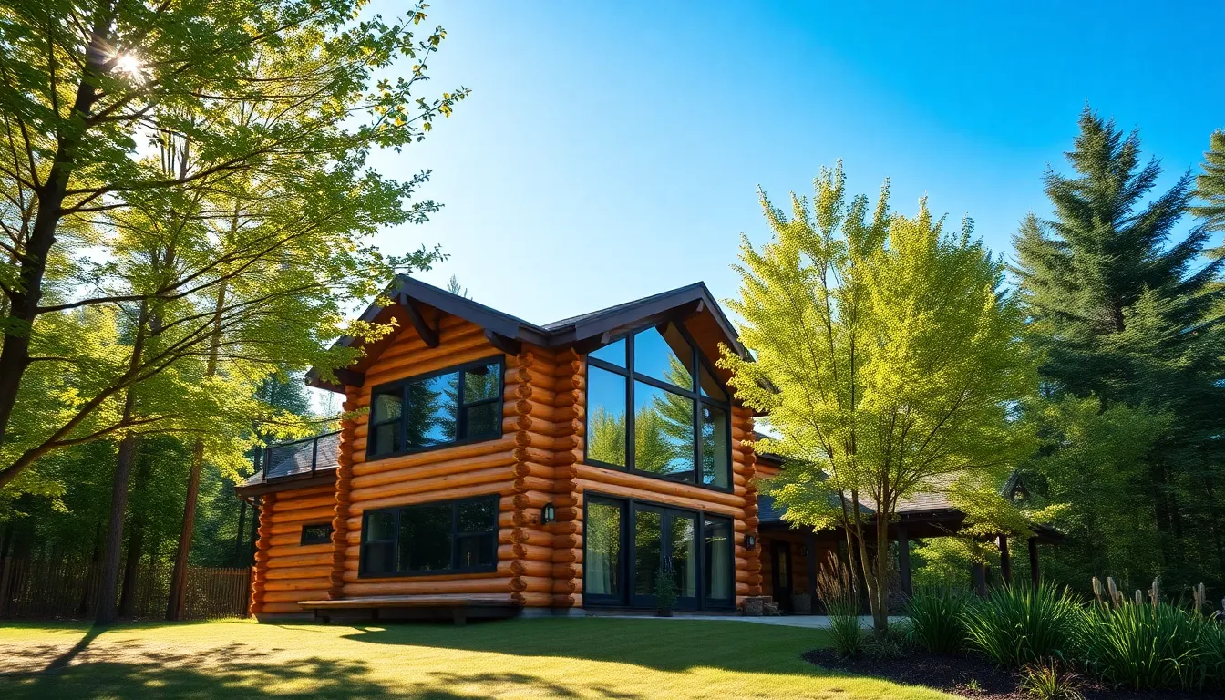 a modern log home in a serene forest environment.