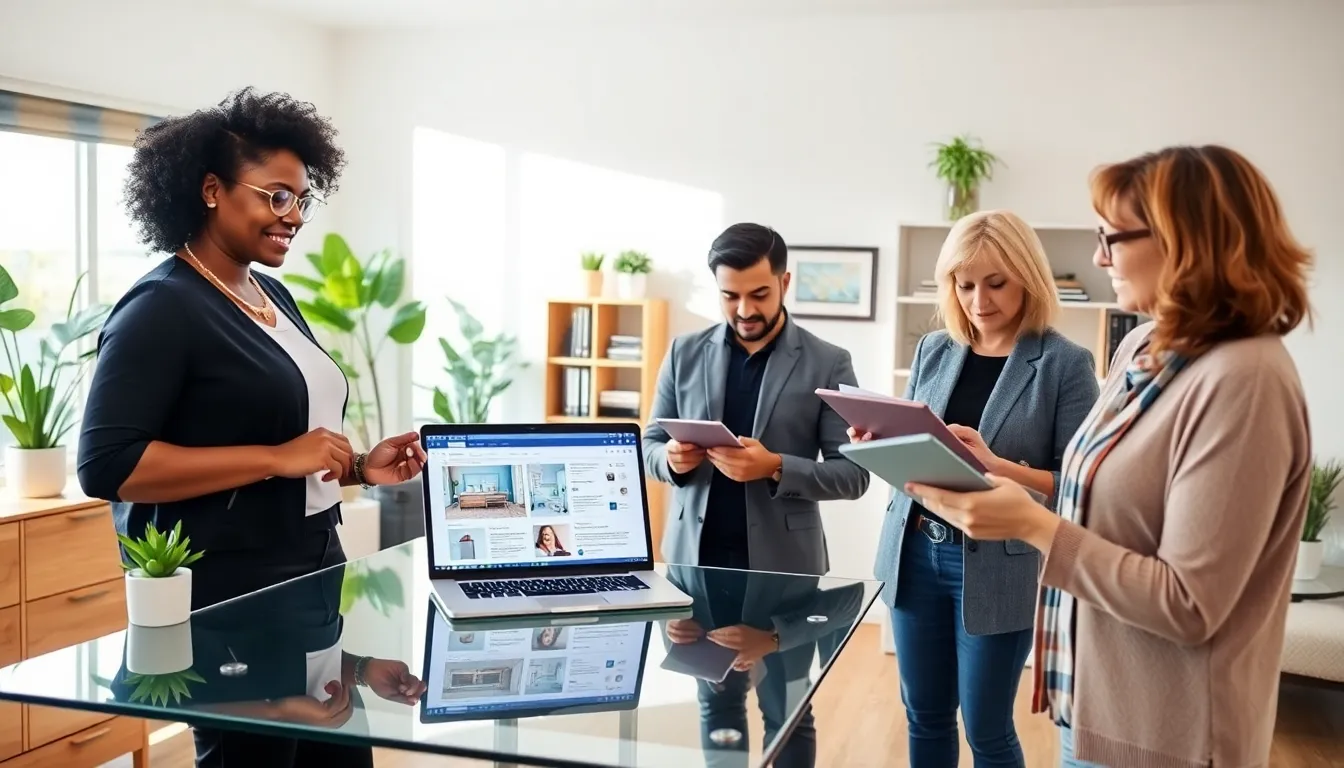 diverse team discussing home organization strategies in a modern office.