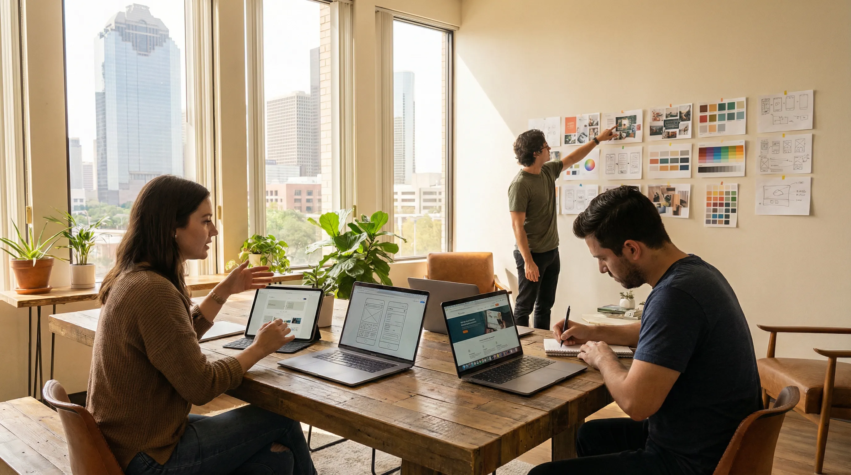 Web design team collaborating in a modern, naturally lit Houston studio, reviewing clean website mockups on laptops and tablets with mood boards on the wall in the background.
