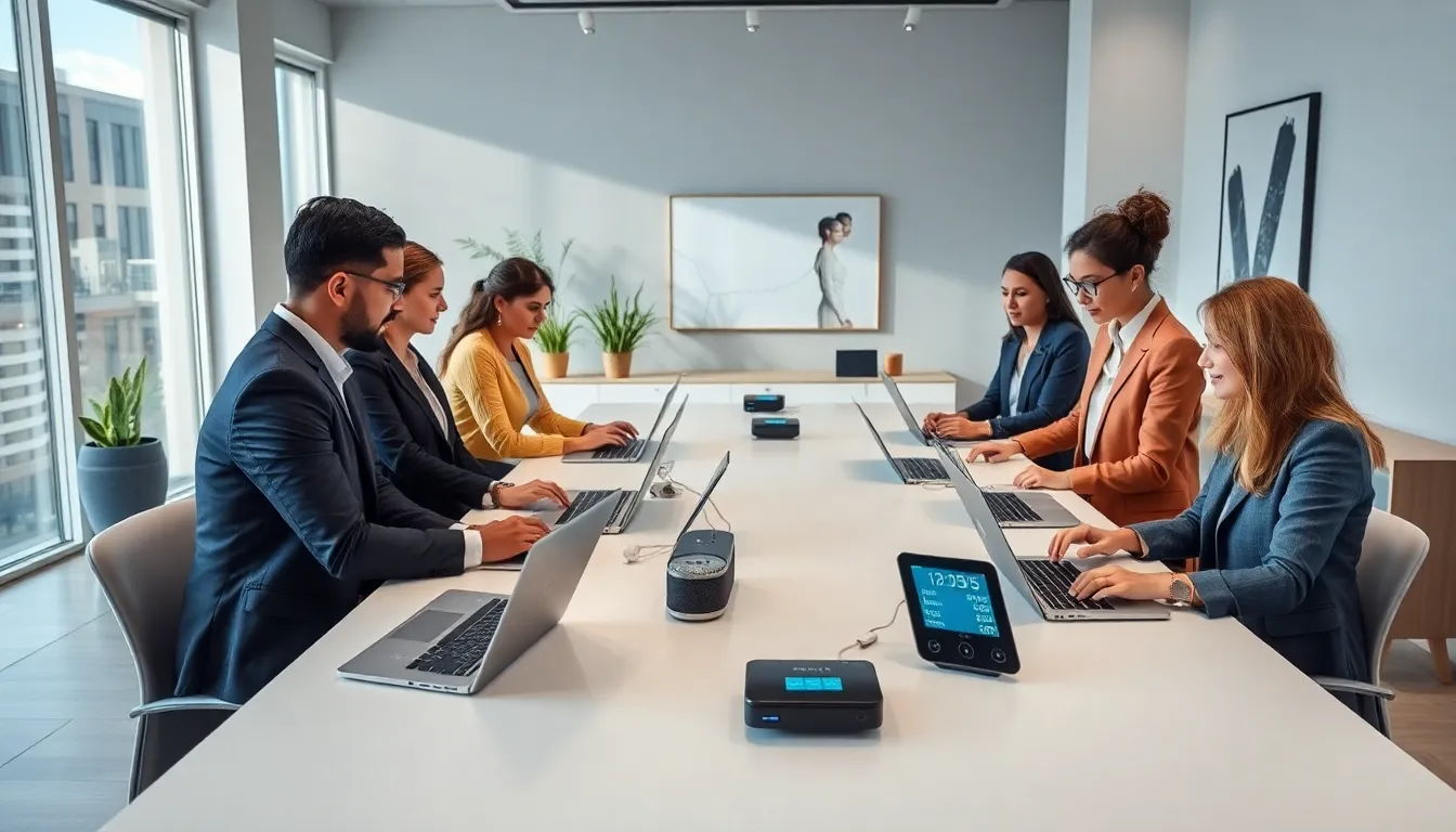 diverse professionals collaborating around Hẻmaiz devices in a modern office.