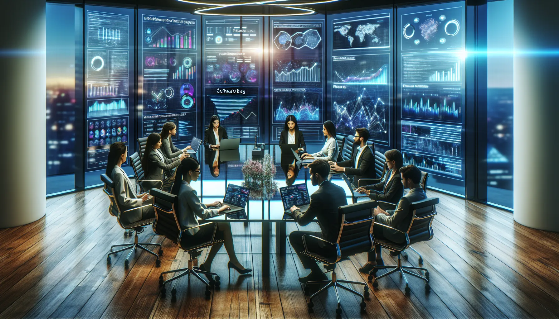 diverse team of developers discussing a software bug in a modern office.