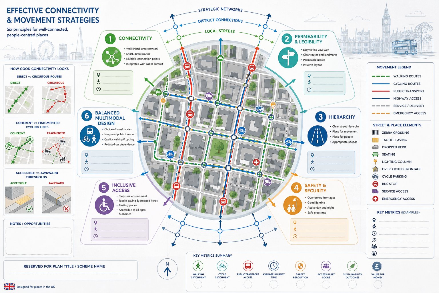 Infographic of connected streets, travel modes, safety, and inclusive access in the UK.