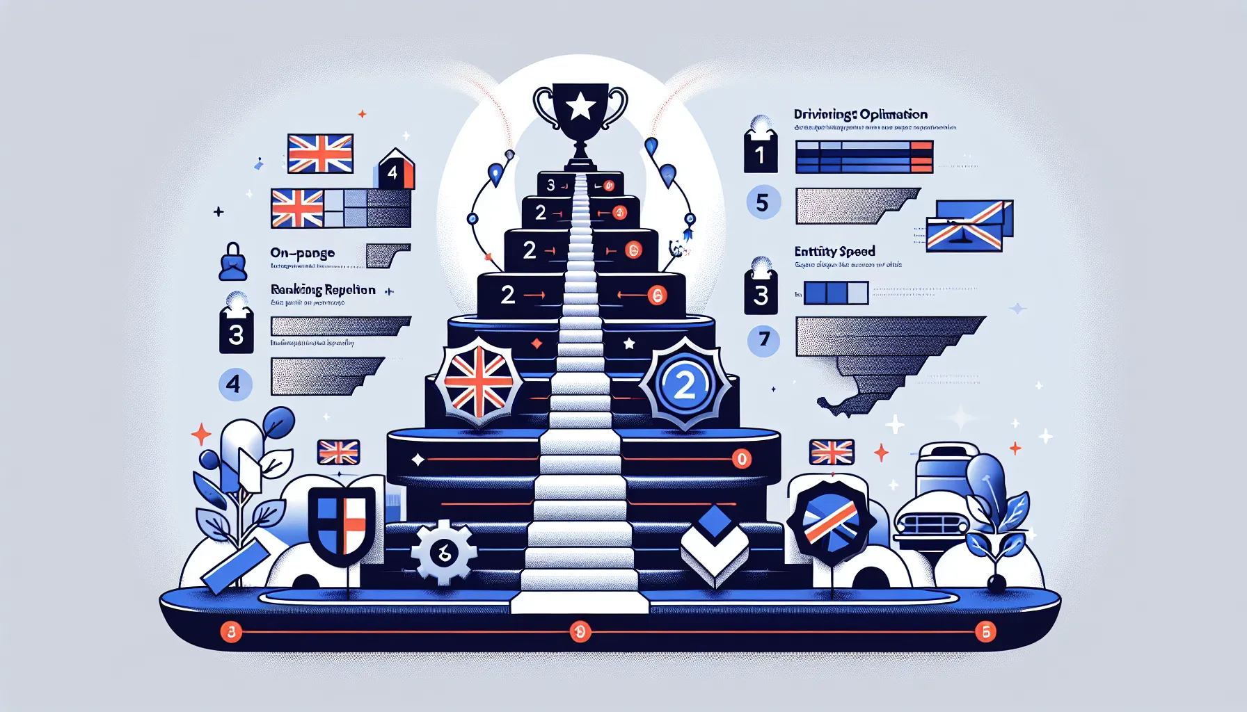 UK-themed steps showing factors that improve search engine position ranking.