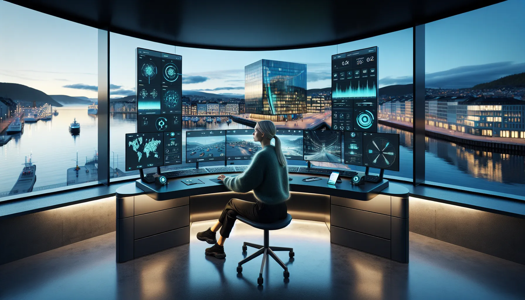 Norwegian professional monitoring digital circular economy platforms and automated reuse systems in a control hub.