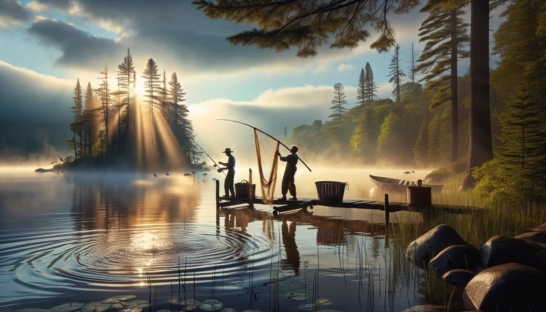 A depiction highlighting traditional fishing and modern angling on a serene U.S. lake.