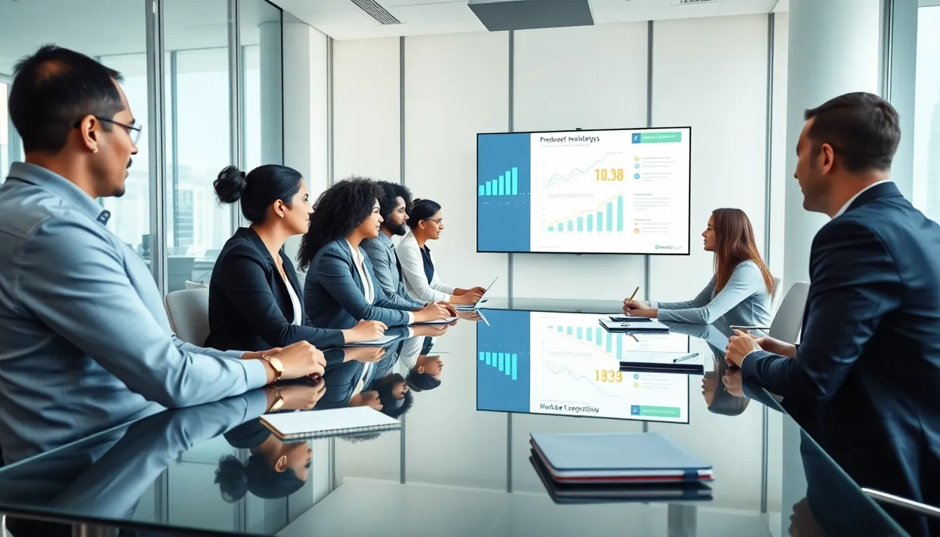 diverse team collaborating on product strategy consulting in an office.