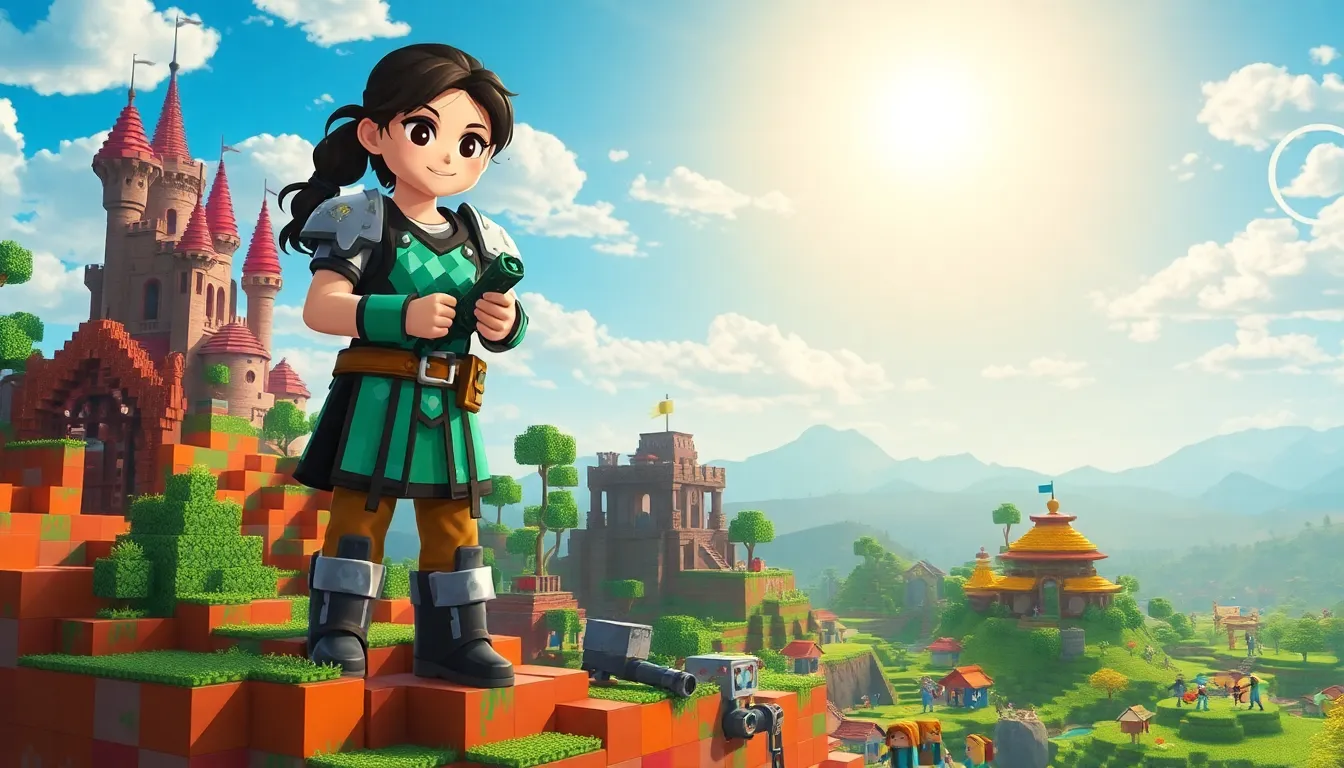 A girl in Minecraft armor exploring a colorful block landscape.