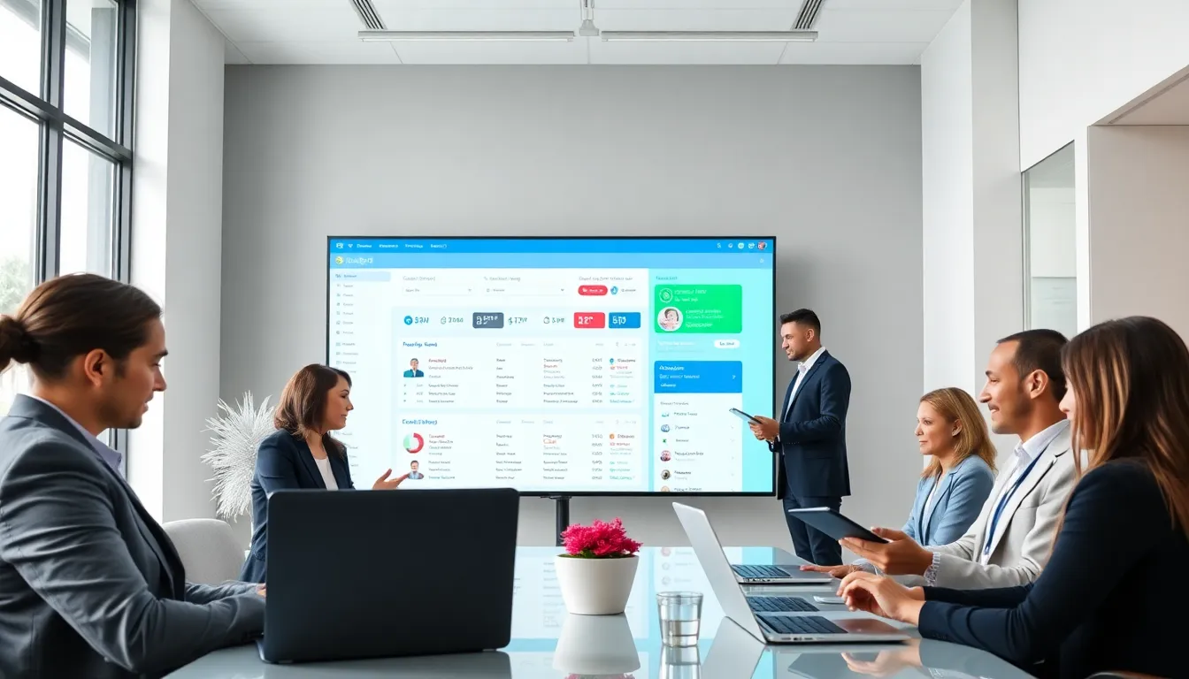 diverse professionals using the Trylean13 platform in a modern office.