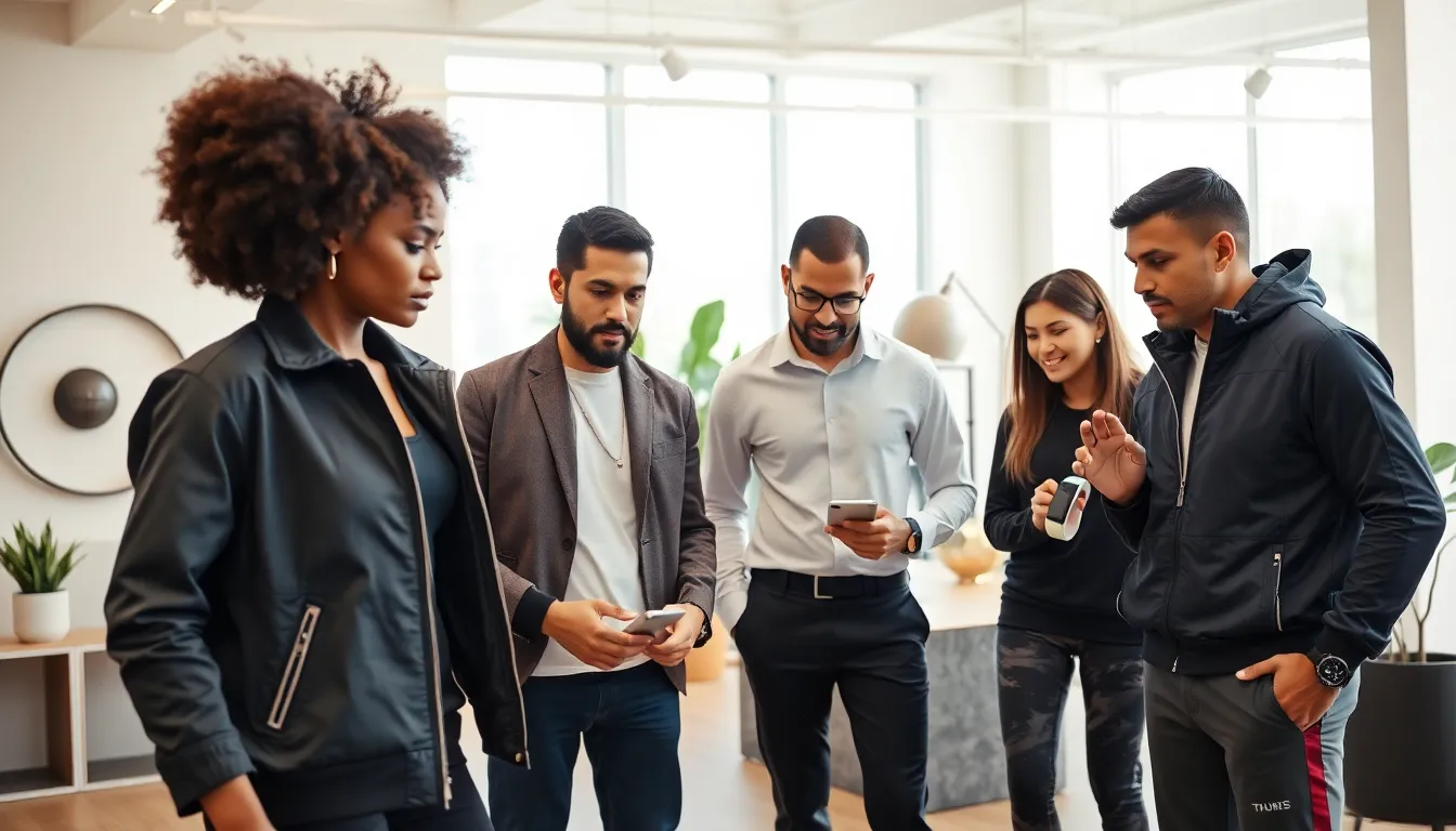 diverse team showcasing innovative wearable technology clothing in a modern workspace.