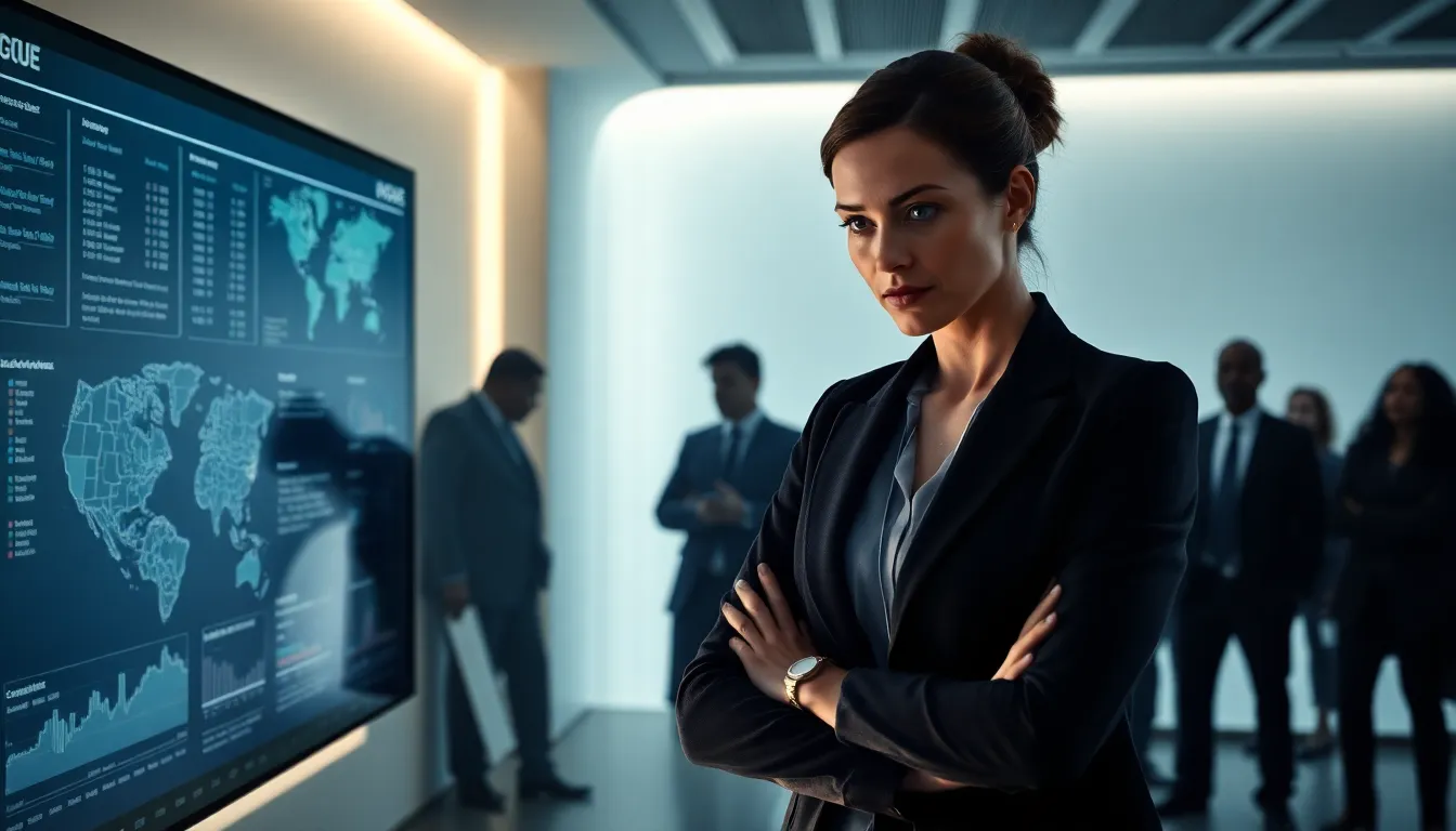 detective in a modern office analyzing crime data on a screen.