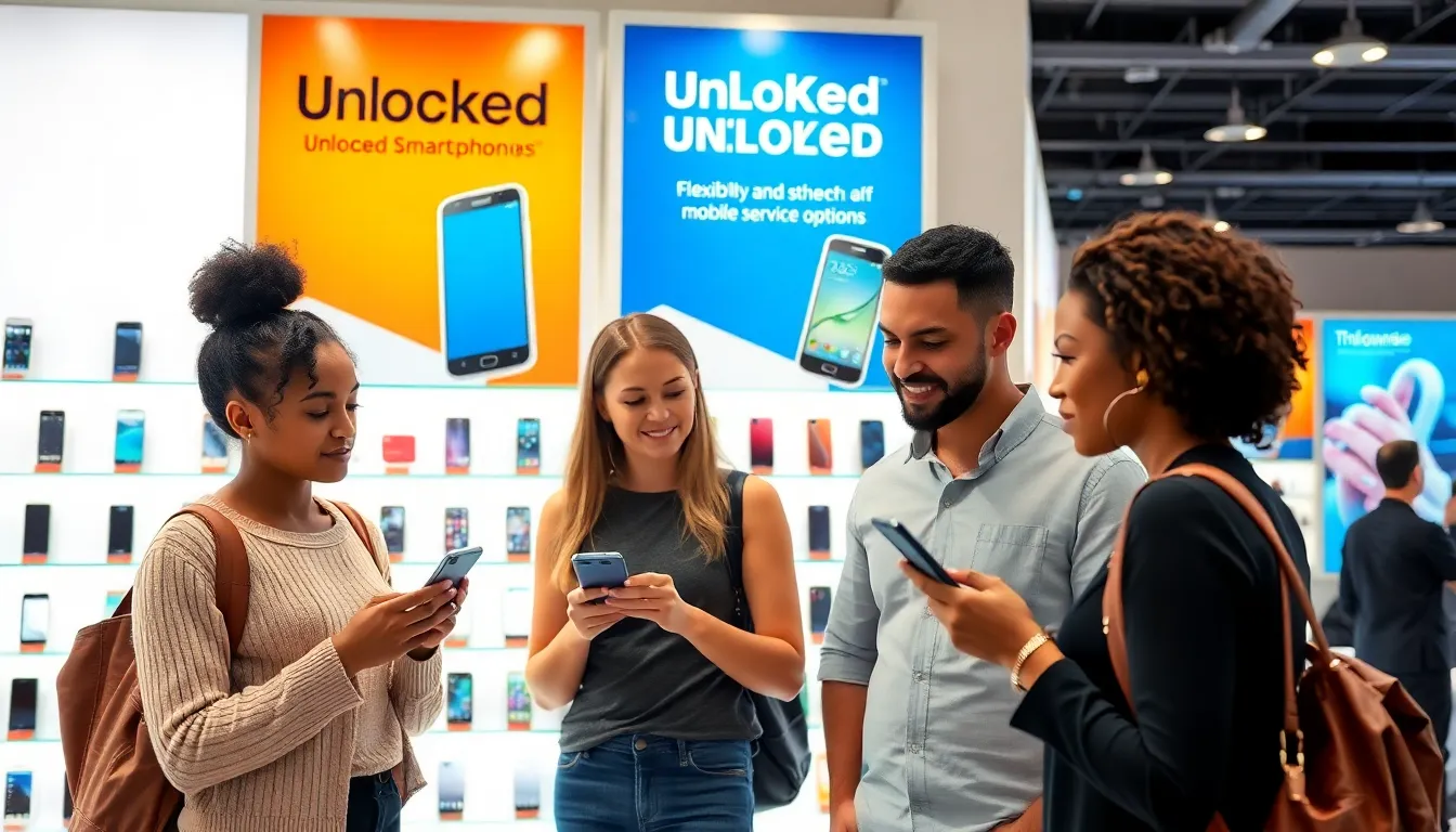 customers exploring unlocked phones on display in a retail store.