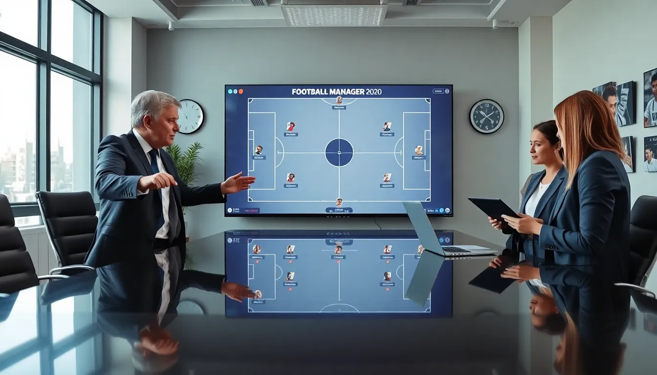 diverse team strategizing in a modern football management office.