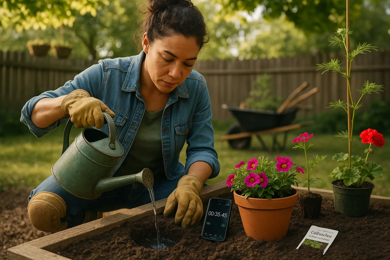 Gardener testing soil drainage with a trial pot in a sunlit backyard garden.