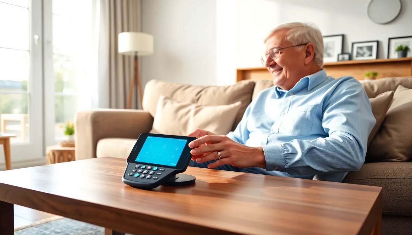 elderly couple using a specialized phone in a cozy living room.