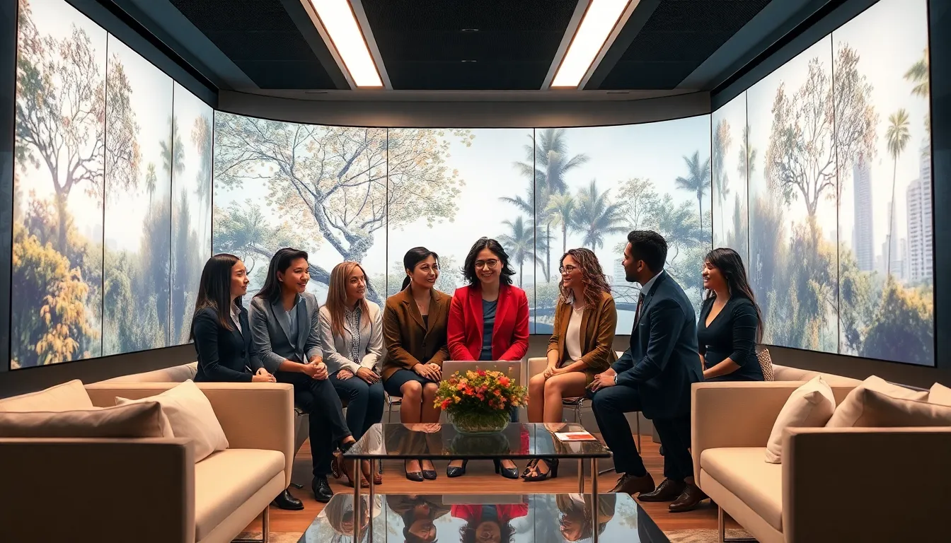 diverse professionals discussing Felissiany in a modern conference room.