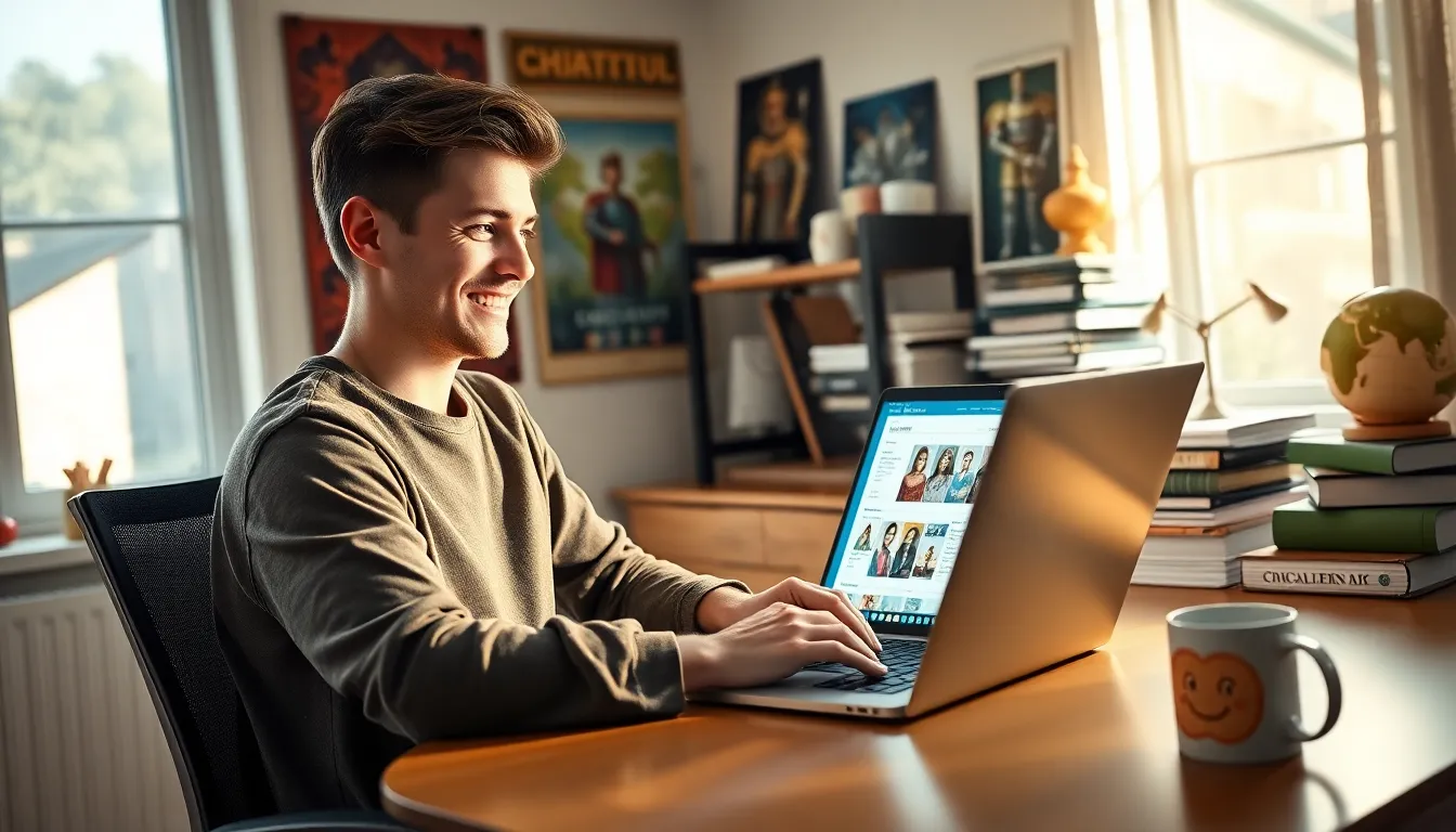 a young man using CK2Generator on his laptop in a cozy home office.