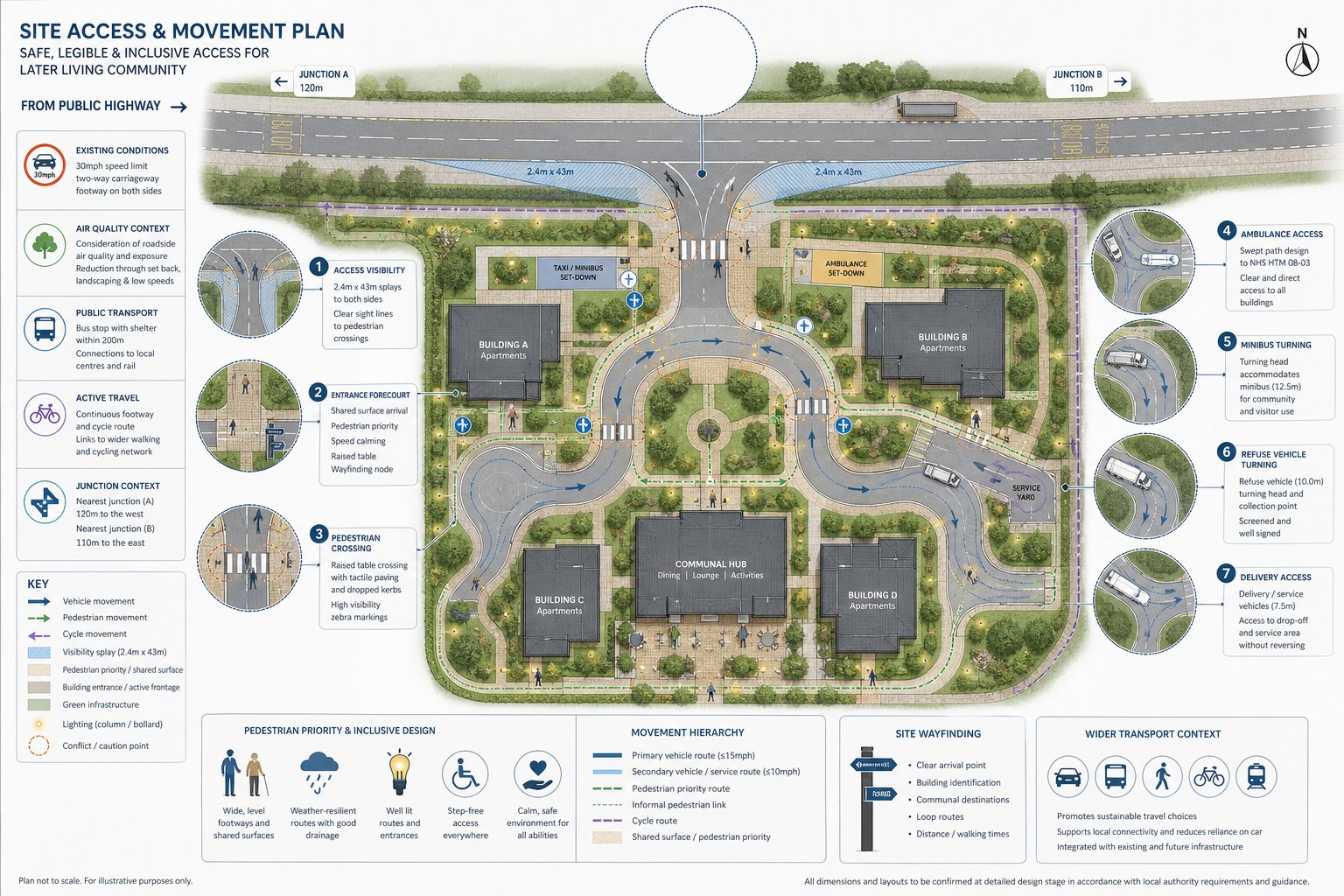 site access and internal layout infographic for later-living development transport planning in the UK
