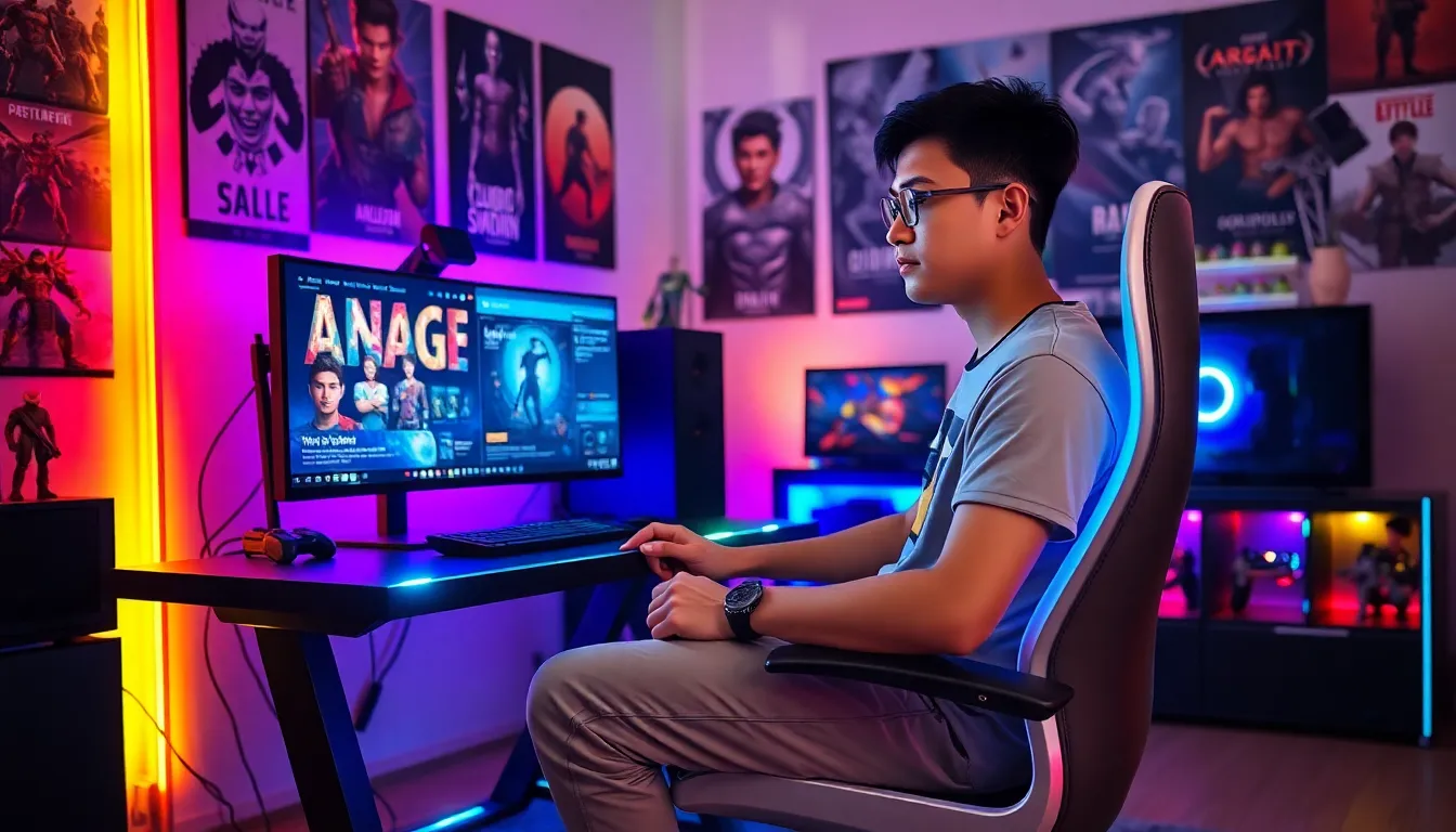 A young man gaming with multiple screens in a colorful setup.