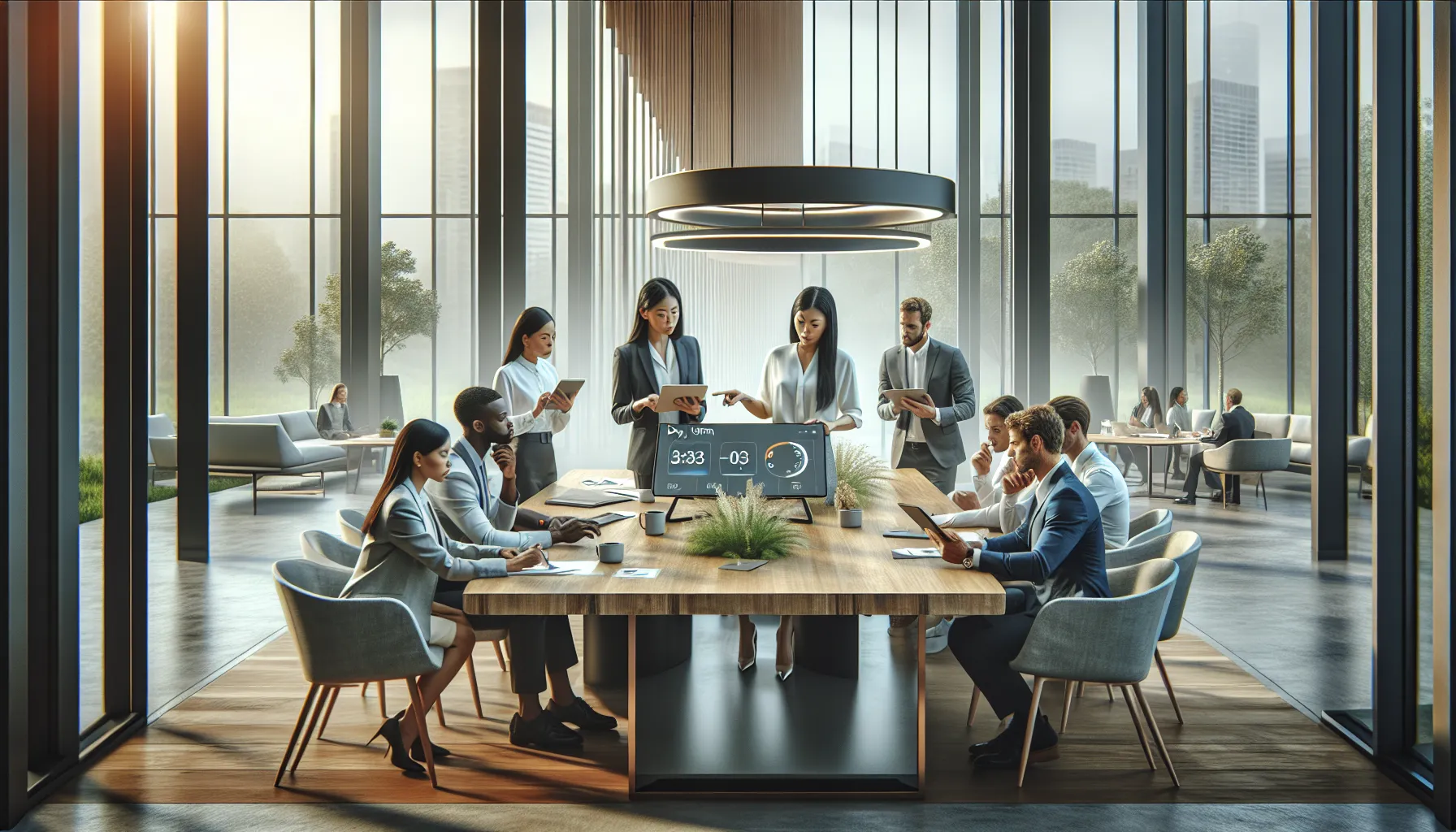 professionals discussing missed call signals in a modern office.