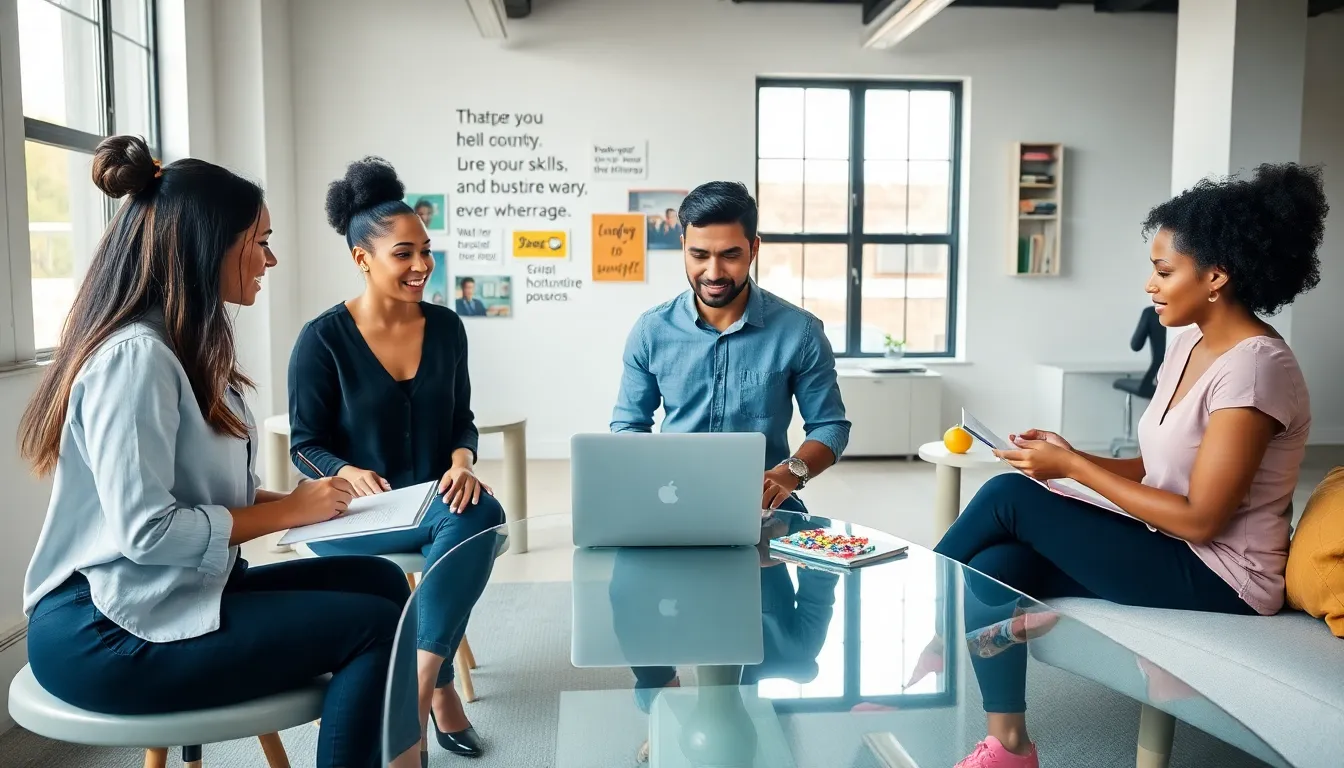 diverse group discussing creative side hustle ideas in a modern workspace.