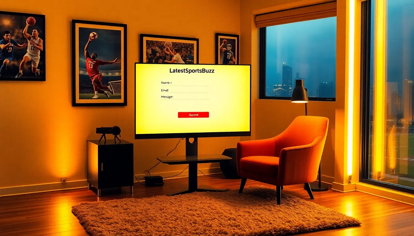 A computer displaying the LatestSportsBuzz contact form in a modern office.