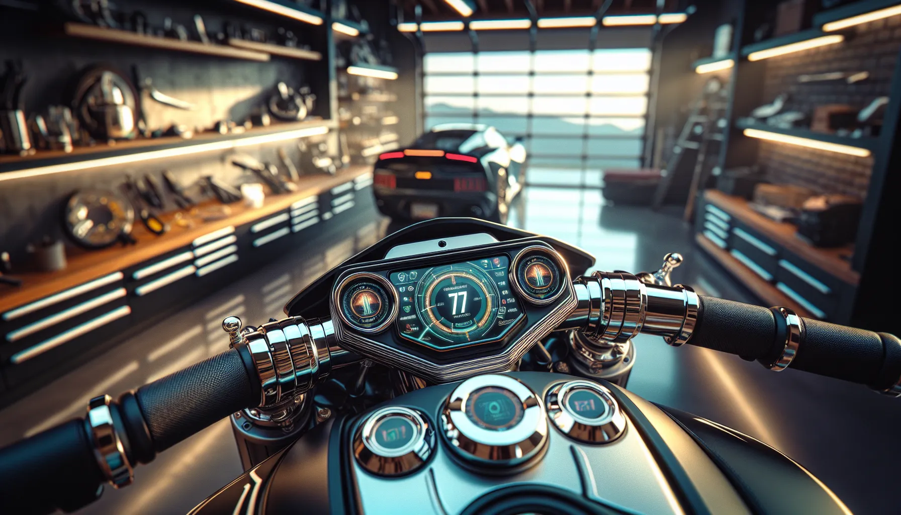 HarleySpy3 device on a motorcycle dashboard in a modern garage.