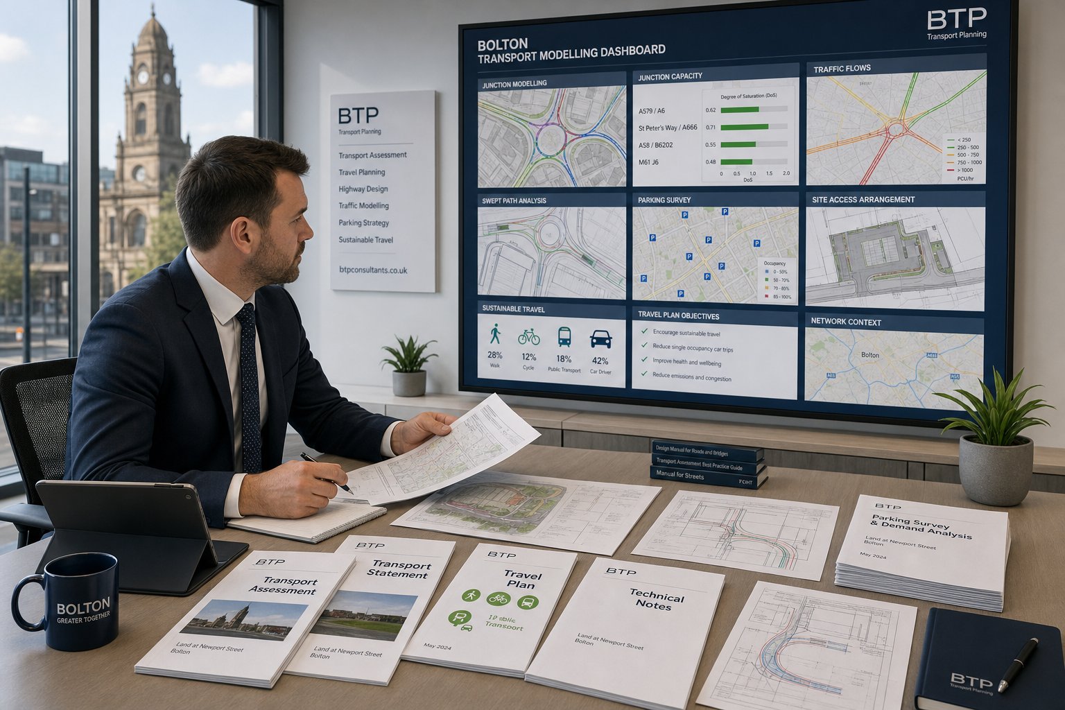 Traffic engineer reviewing transport planning reports in a modern Bolton office.