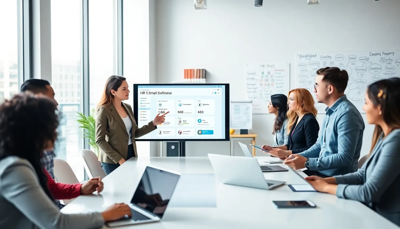 diverse team collaborating on HR software in a modern office setting.