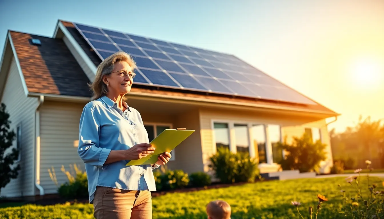 a suburban home with solar panels and a woman evaluating financing options.