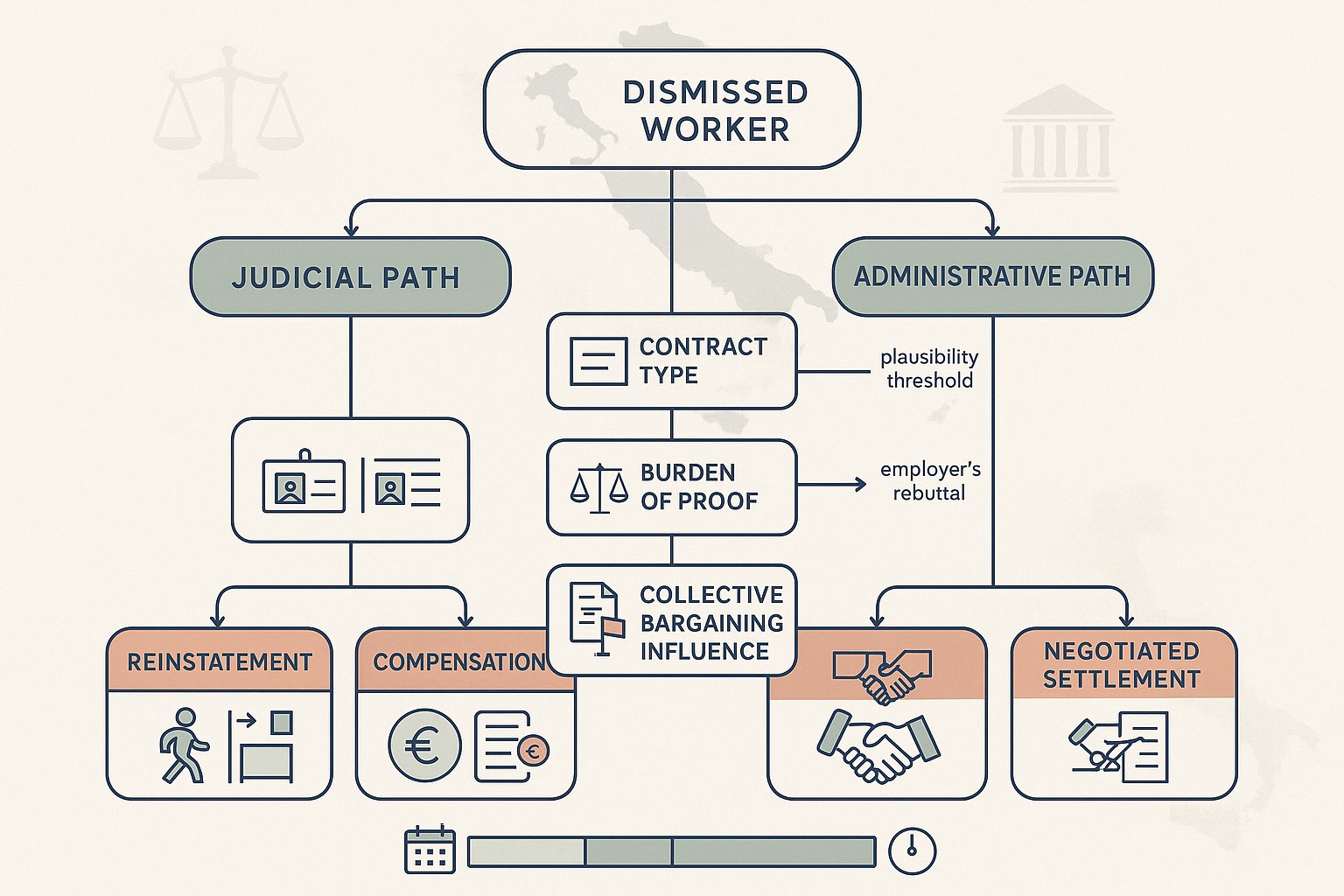 Infografica del flusso decisionale che mostra i rimedi legali per il licenziamento discriminatorio in Italia.