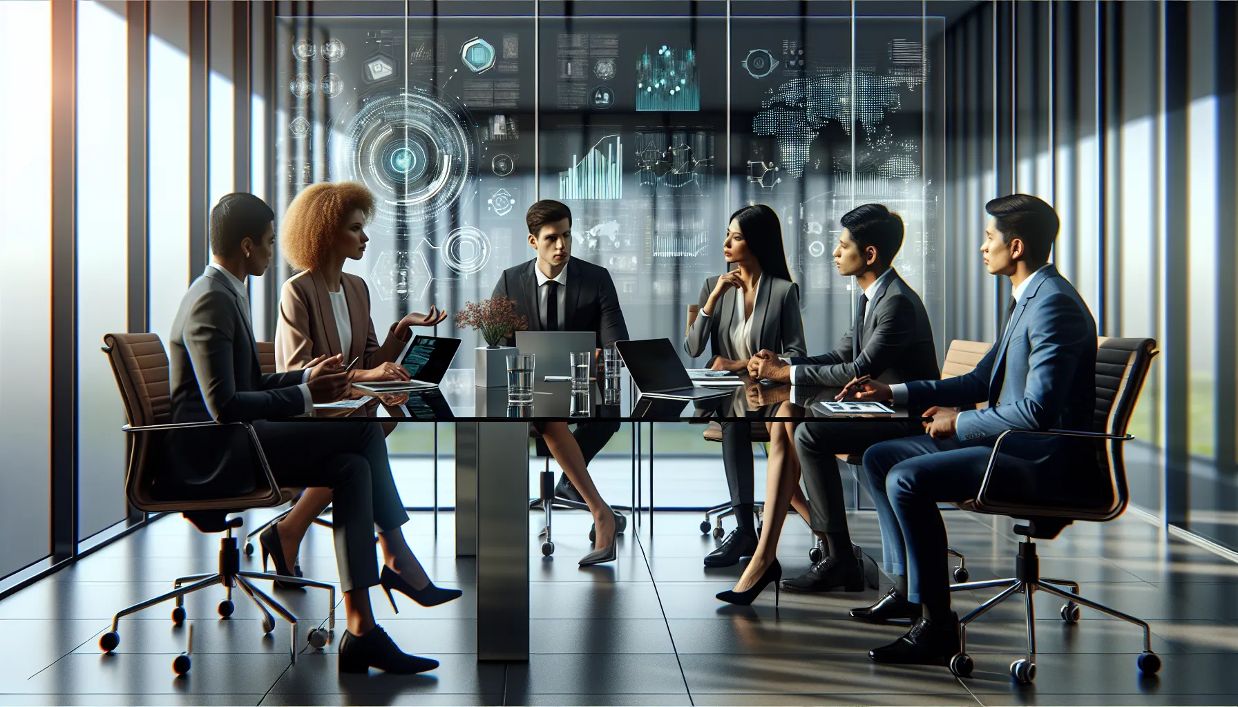 diverse team discussing data security and AI in a modern office.