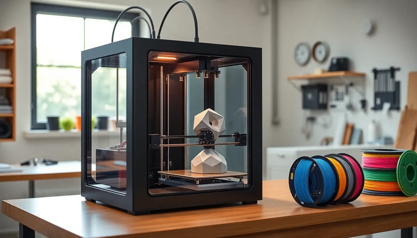 3D printer showcasing raft printing technique in a modern workshop.