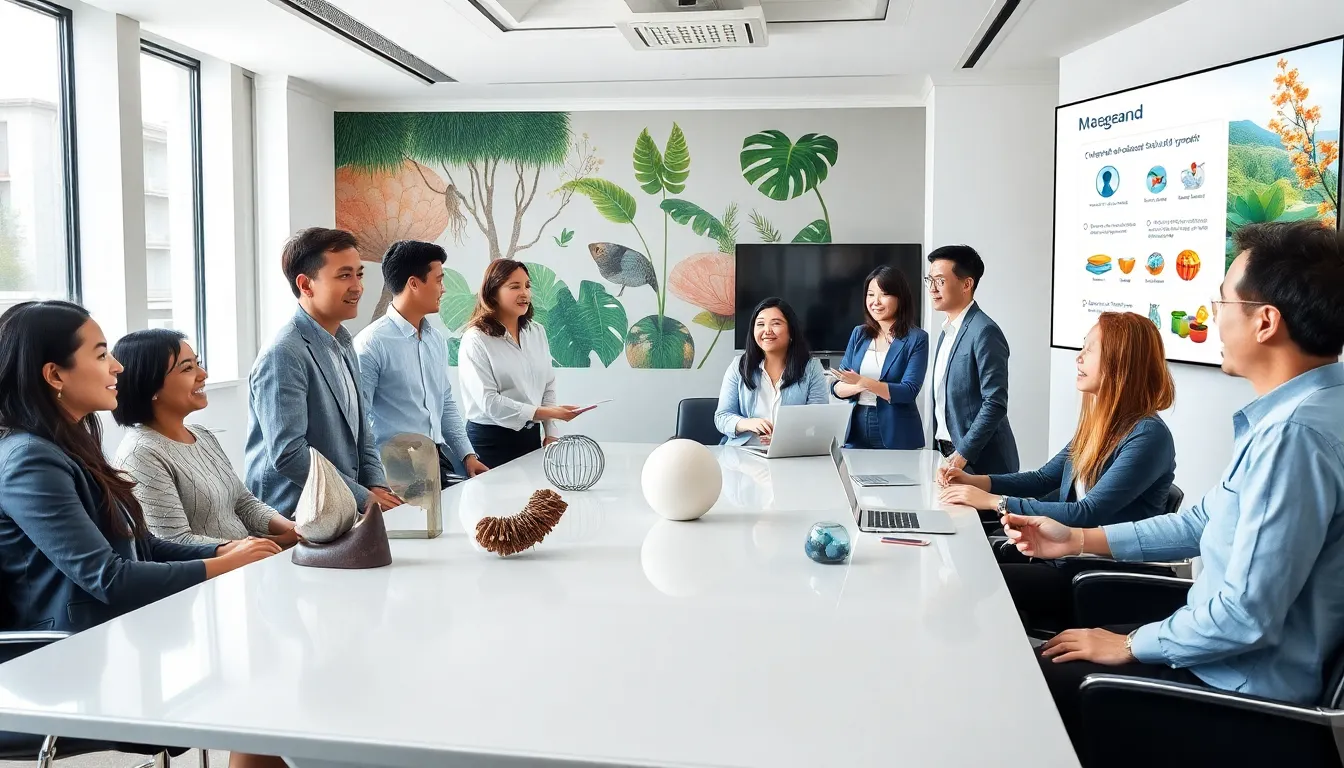 diverse professionals discussing the concept of maegeandd in a modern office.
