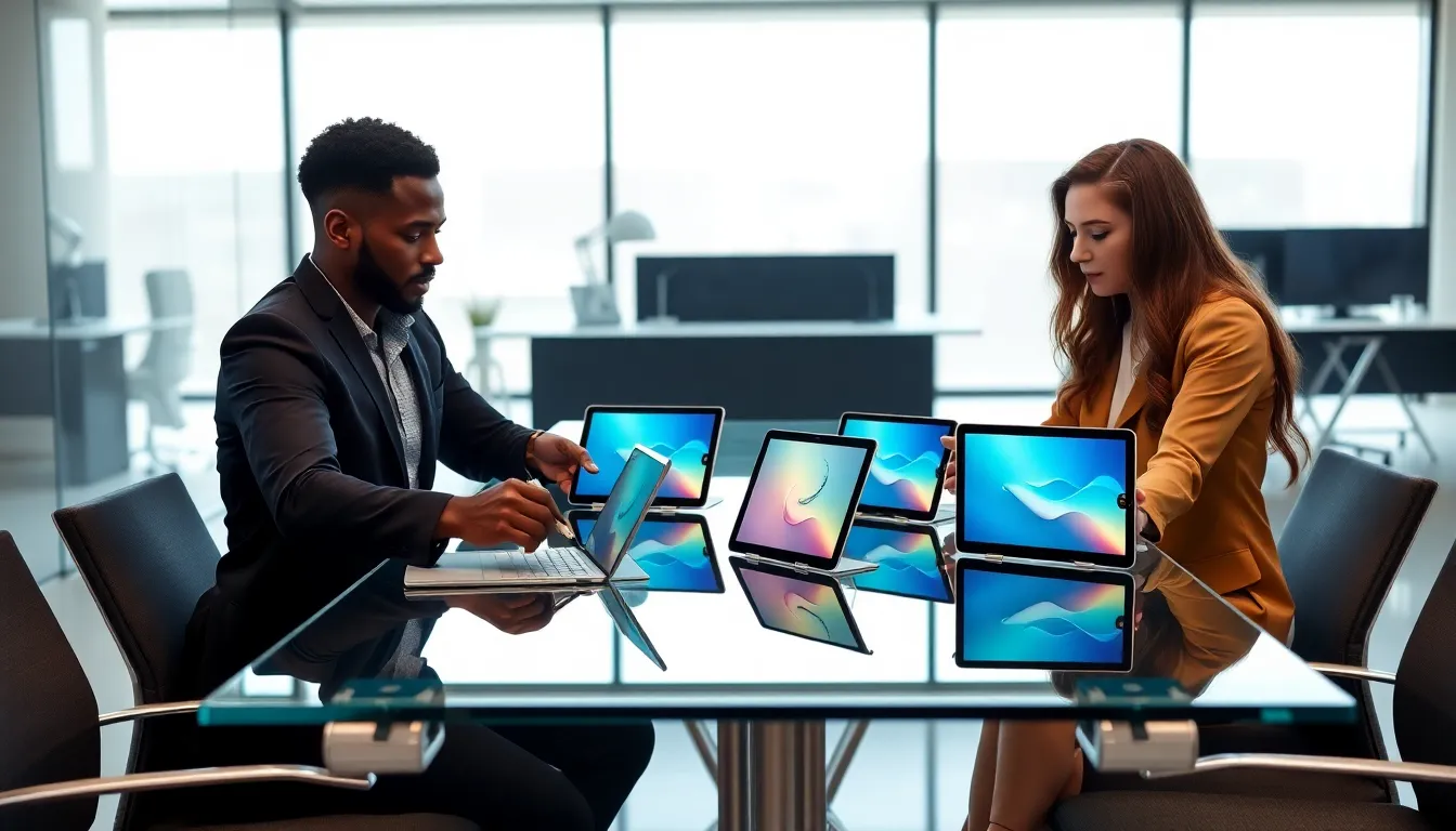 diverse professionals comparing Samsung tablets in a modern office.